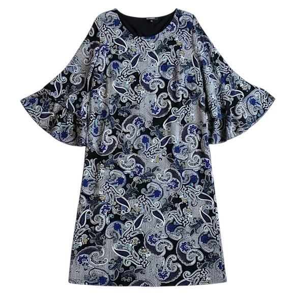 Glamour 2OW Blue Black & White Paisley Print Career Dress Tiered Bell Sleeves - Picture 3 of 10